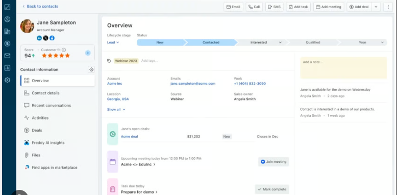CRM dashboard showing contacts, deals, and tasks in one place