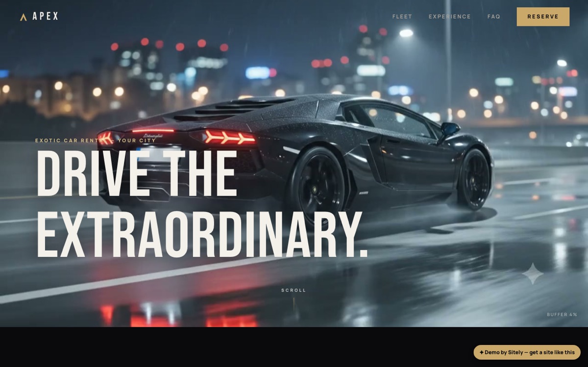 APEX exotic car rental demo with cinematic scroll animation