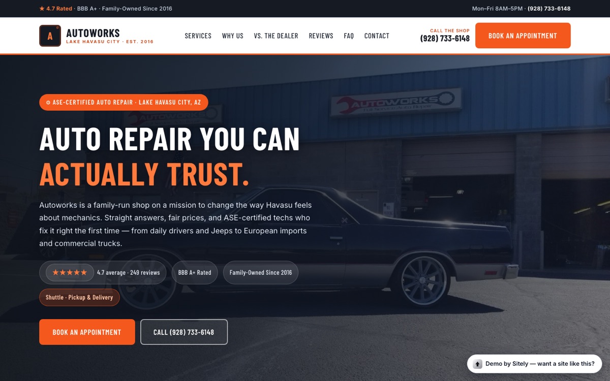 Autoworks auto repair demo with a bold orange and charcoal design