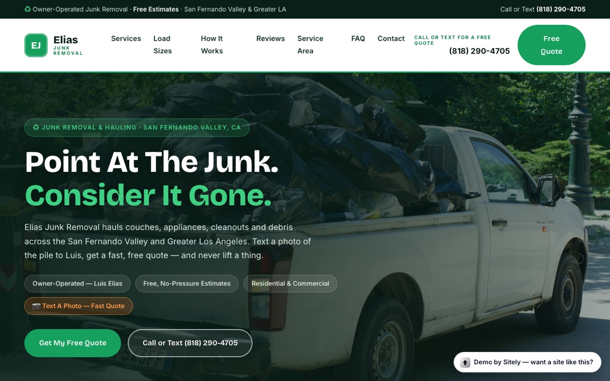 Elias Junk Removal demo with a bold eco-green design