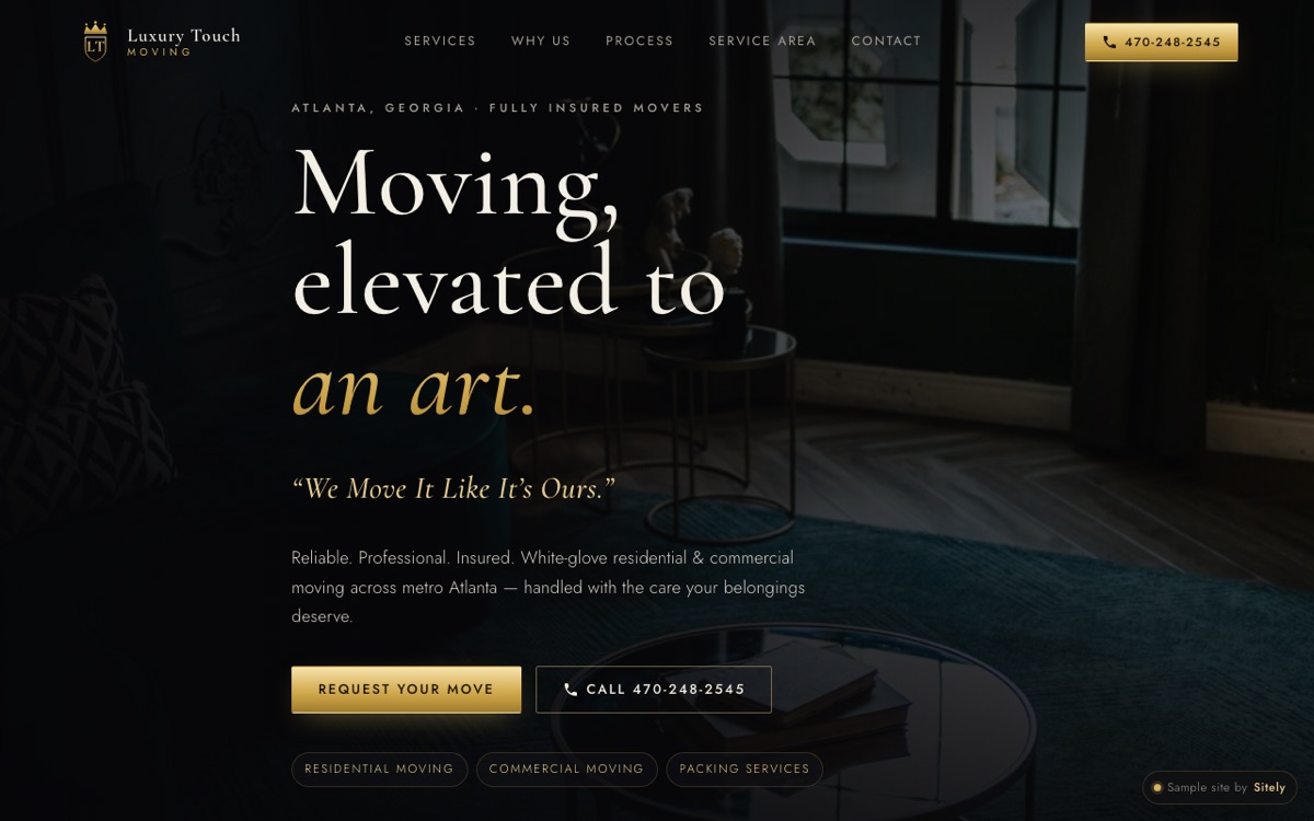 Luxury Touch Moving demo with an elegant black and gold design