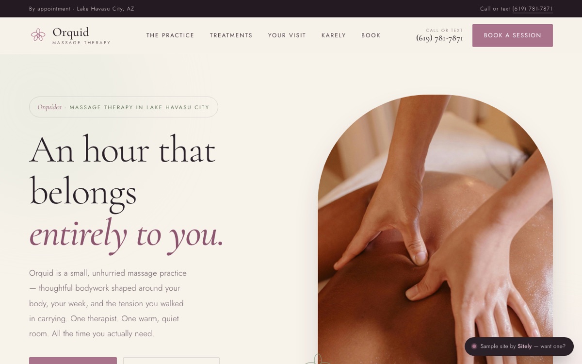 Orquid massage therapy demo with a warm, calm design