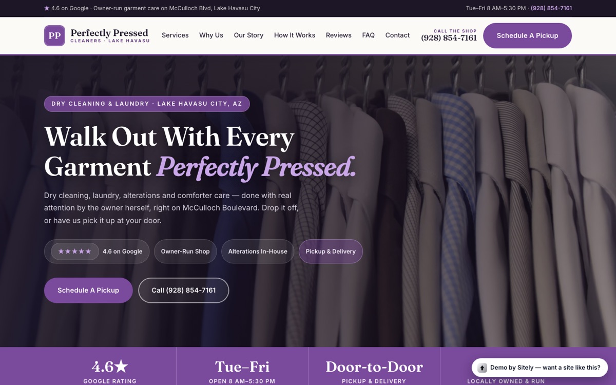 Perfectly Pressed Cleaners demo with an elegant plum dry-cleaning design
