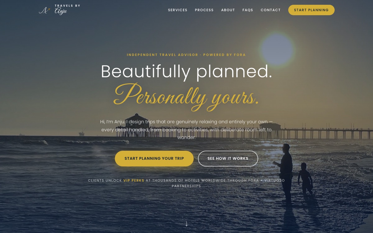 Travels by Anju travel advisor demo with a cinematic coastal design