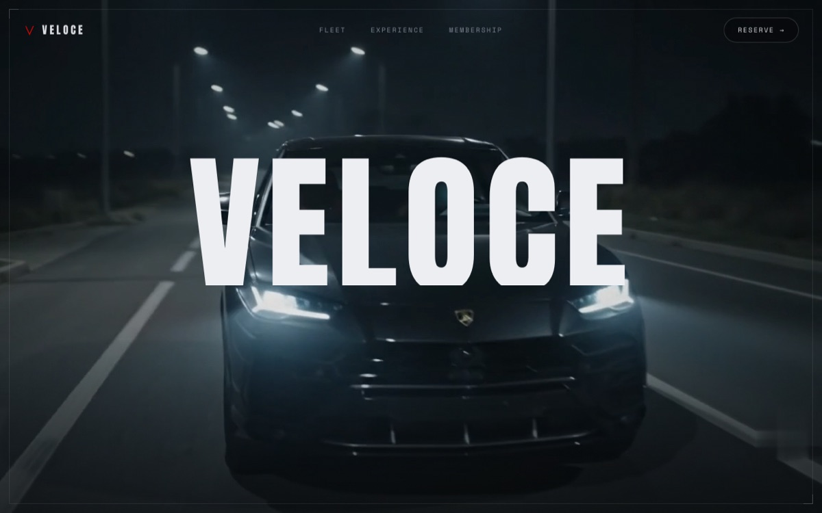 VELOCE exotic car rental demo with video-style hero