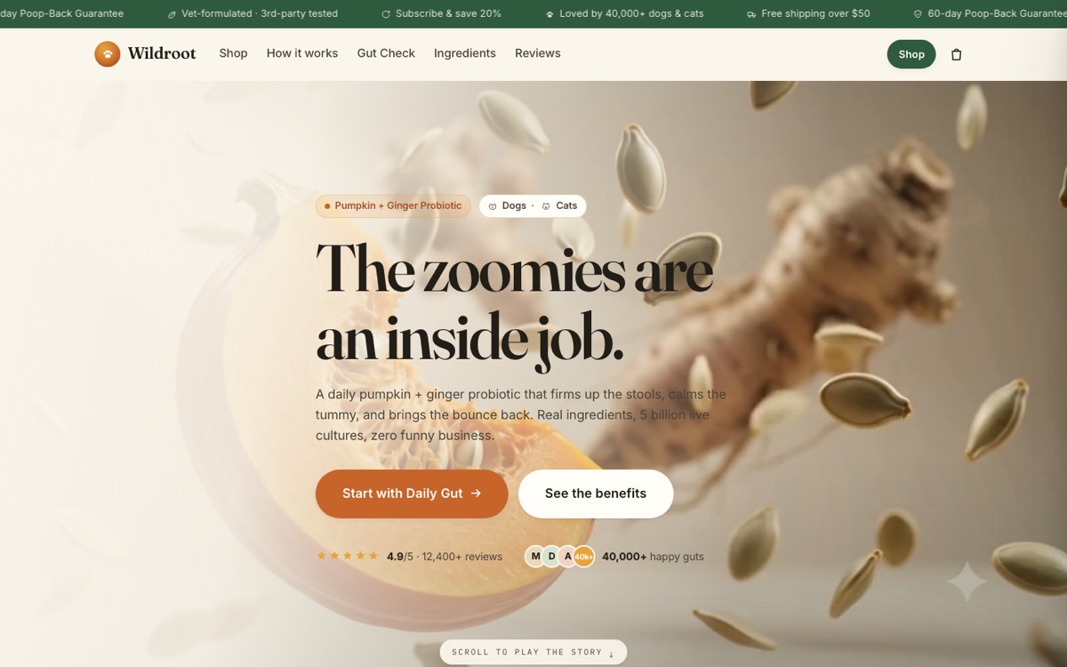 Wildroot pet probiotic online store demo with product pages and checkout