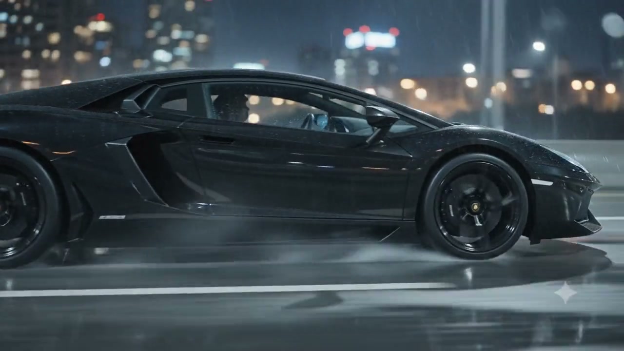 Black Lamborghini Aventador side profile on a rain-soaked city street at night