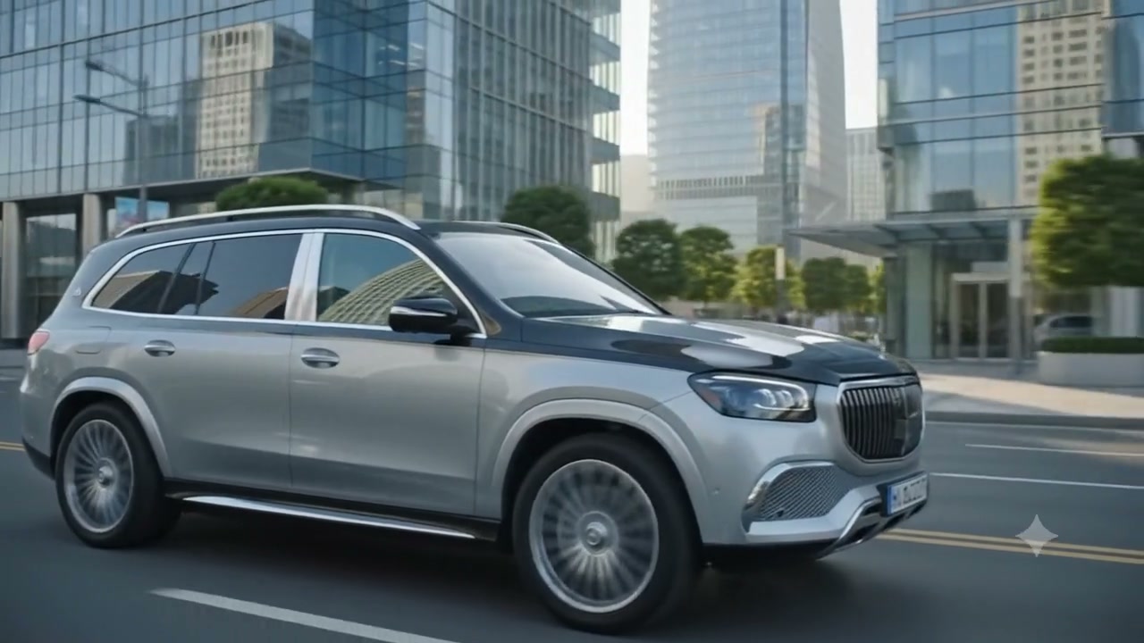 Silver Mercedes-Maybach GLS 600 cruising past glass towers in golden-hour light